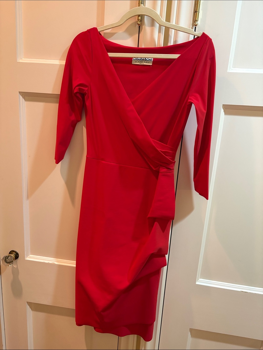 Chiara Boni Red Wrap-Front Three-Quarter Sleeve Sheath Dress